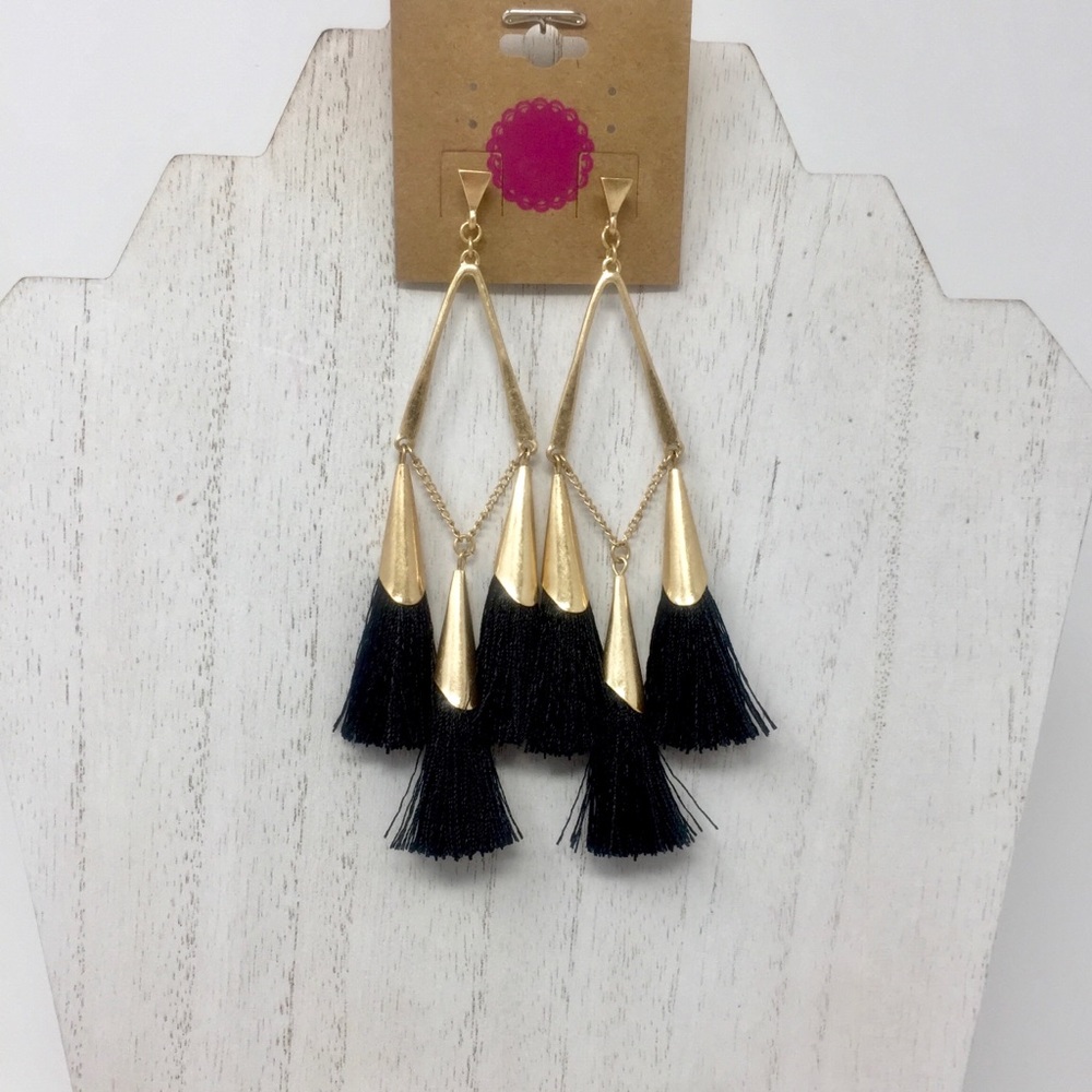Black and gold tassel chandelier earrings